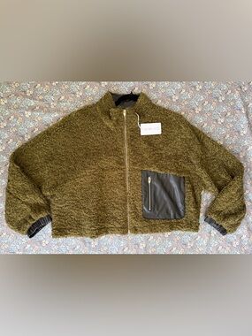 AEMI+CO Olive Green Sherpa Zip Jacket